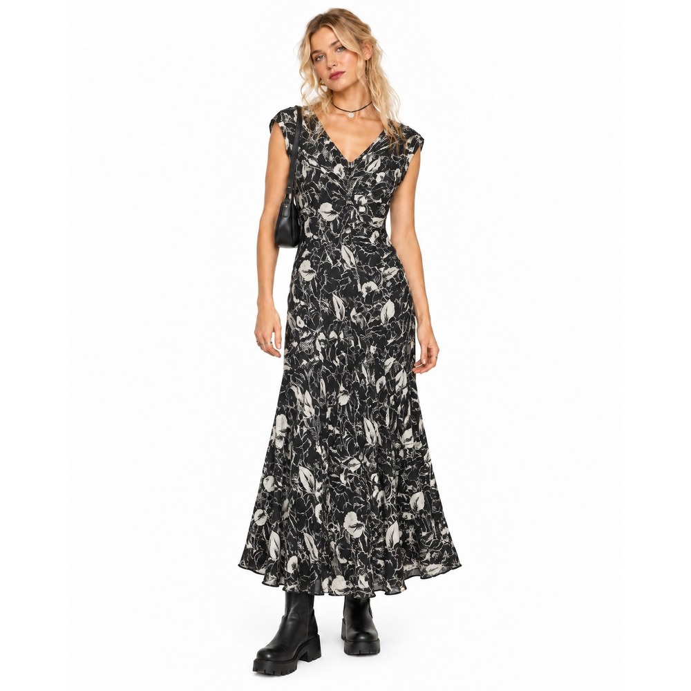 Floral Jones New York Dress Silk V-Neck Ruched Midi 10 Black White